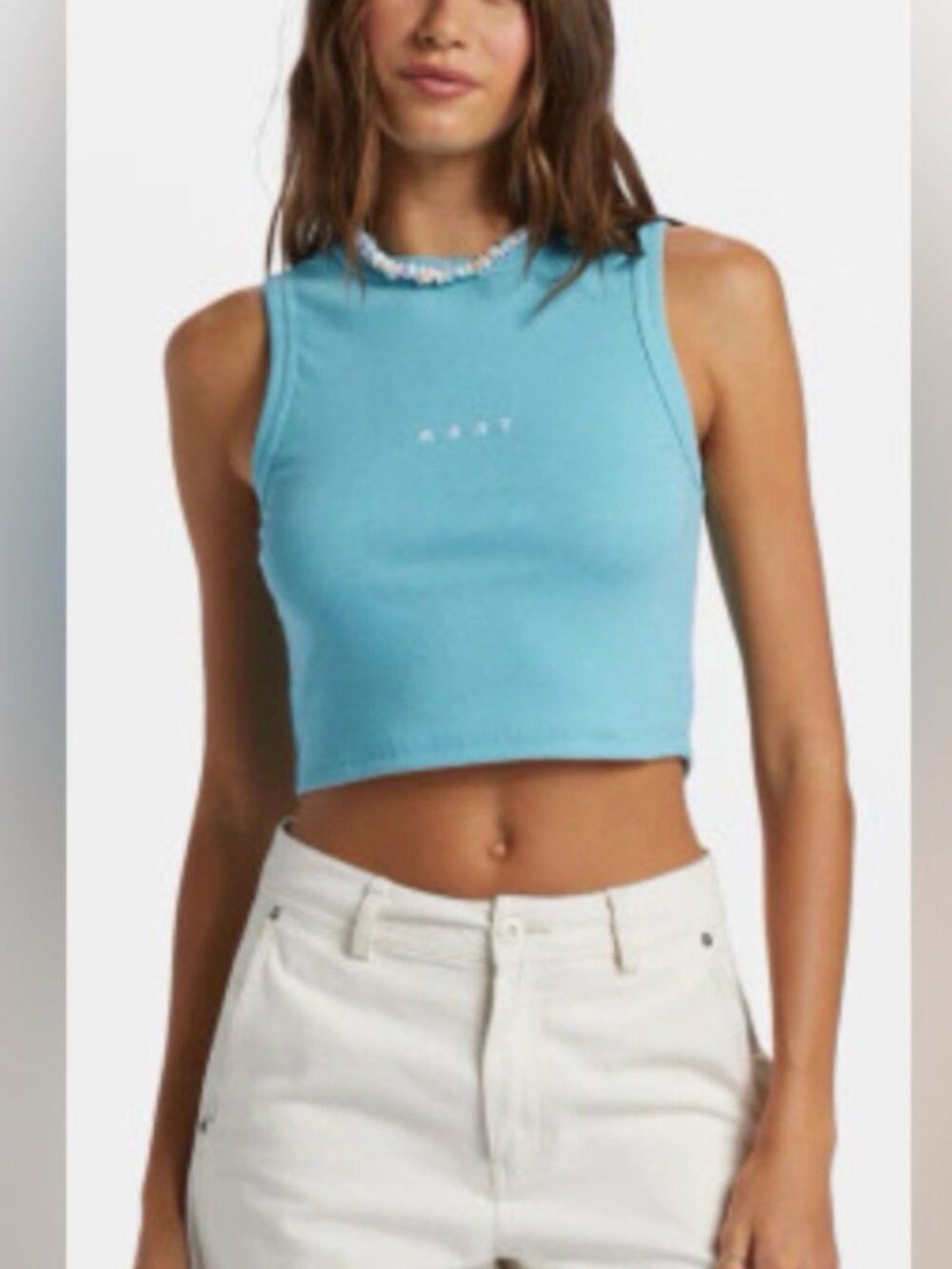 Roxy Aqua Ribbed Crop Tank Top with Logo, S, NWOT